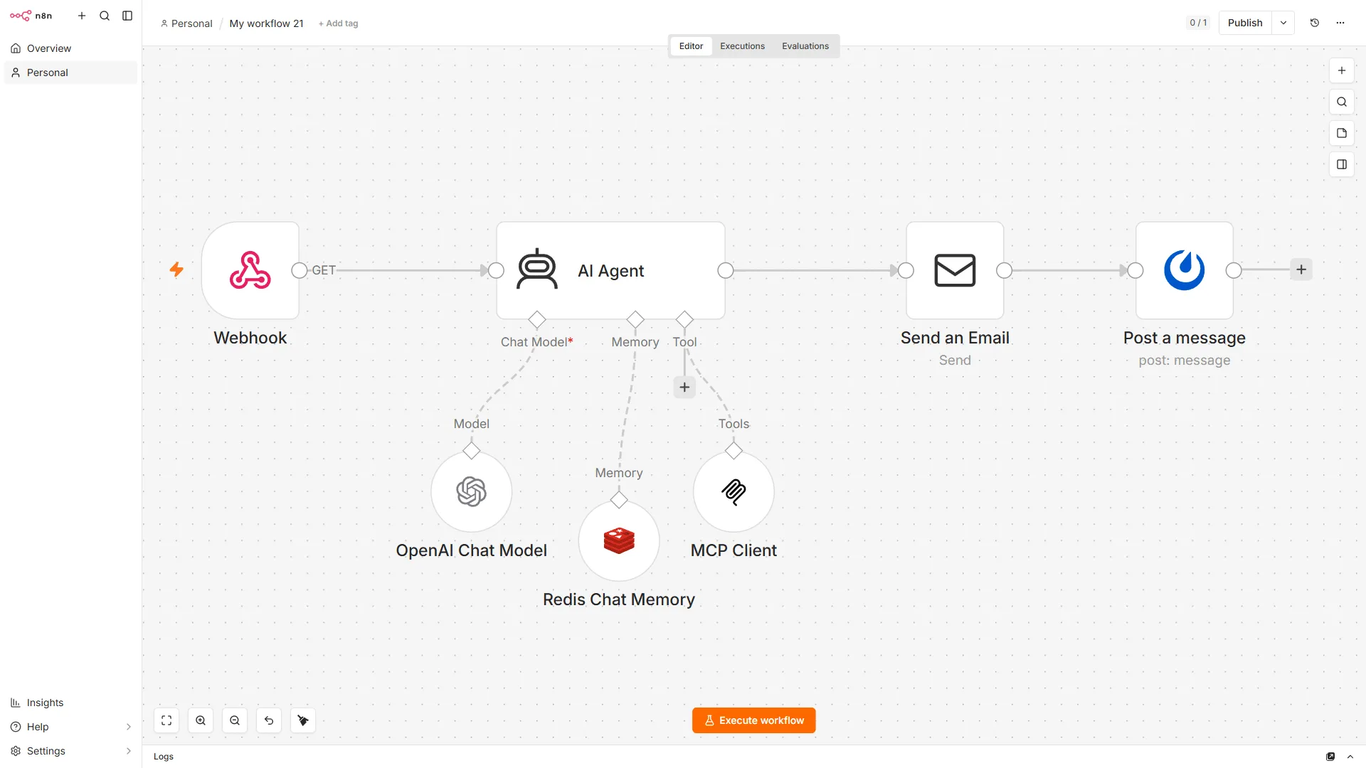 Produkční workflow AI agenta v nástroji n8n na infrastruktuře Alpha Solutions